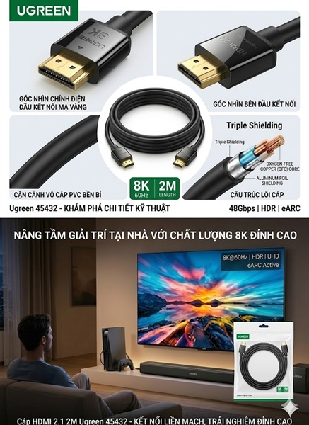 C&aacute;p HDMI 2.1 D&agrave;i 2M 8K@60Hz 48Gbps HDR eARC UGREEN 45432
